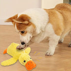 Dog cuddling with yellow duck plush toy on bed