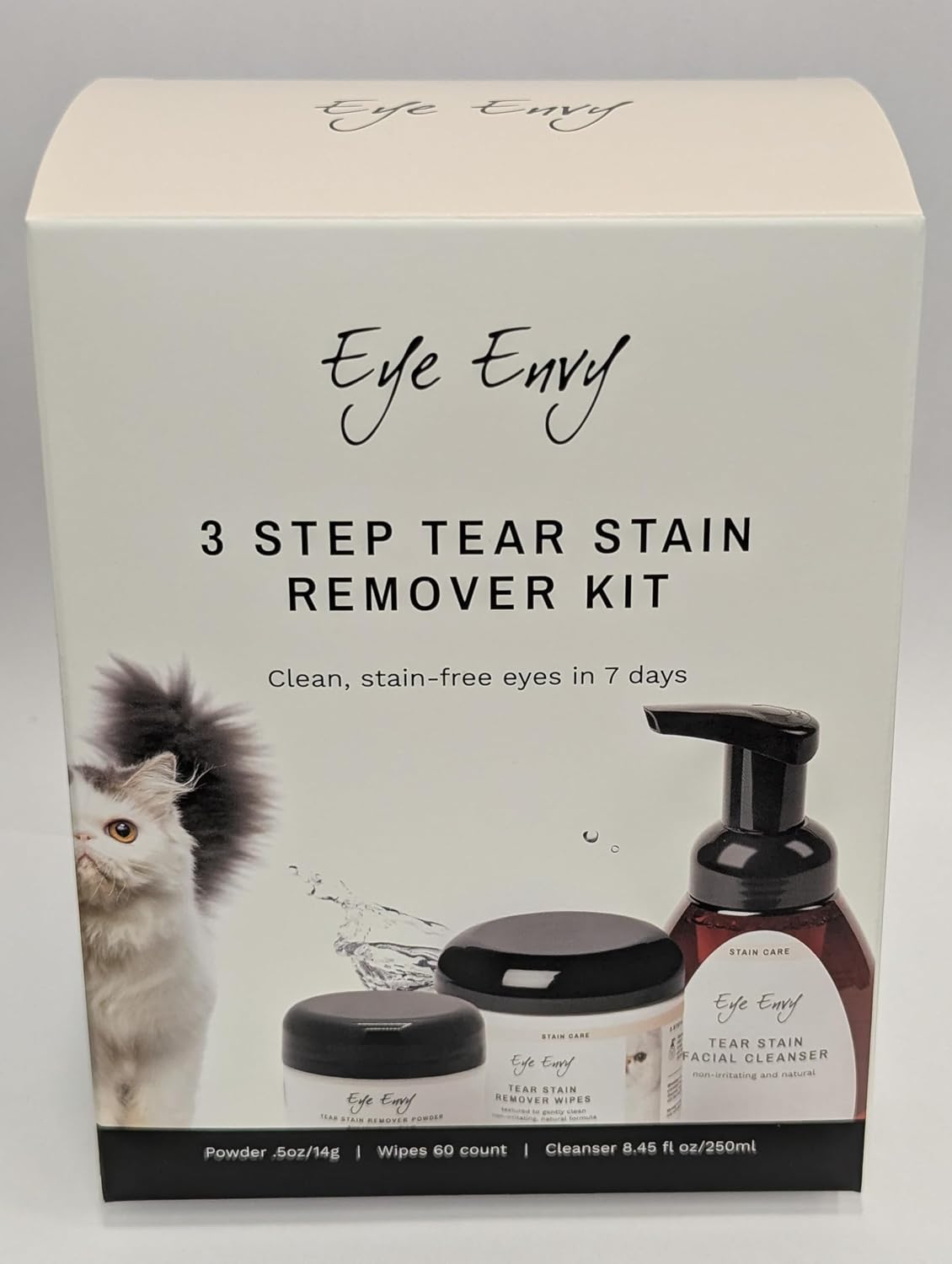 Natural feline eye grooming solution with cleanser solution and pre-soaked wipes for pet tear stain removal.