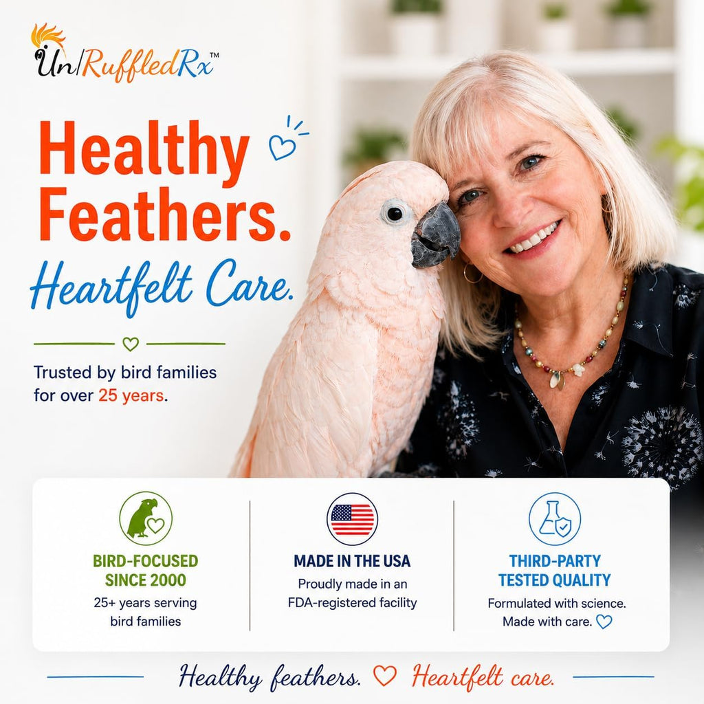 Professional studio shot of UnRuffledRx USA imported bird vitamin