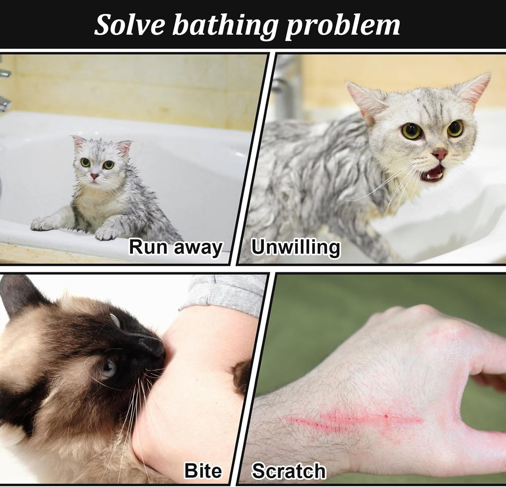 Catcan mesh shower bag being used to safely bathe a calm cat at home.