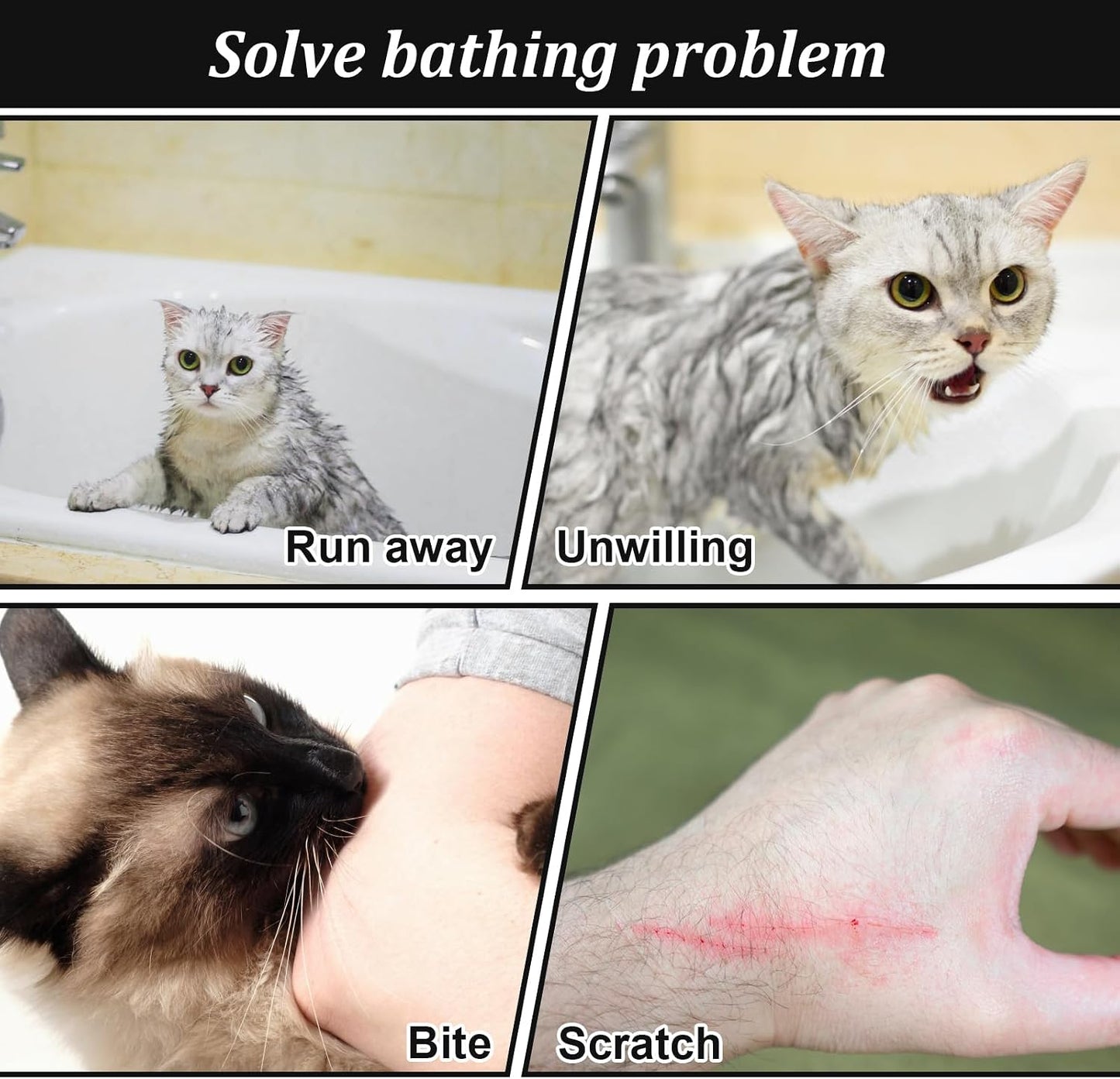 Catcan mesh shower bag being used to safely bathe a calm cat at home.