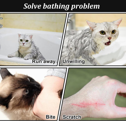 Catcan mesh shower bag being used to safely bathe a calm cat at home.