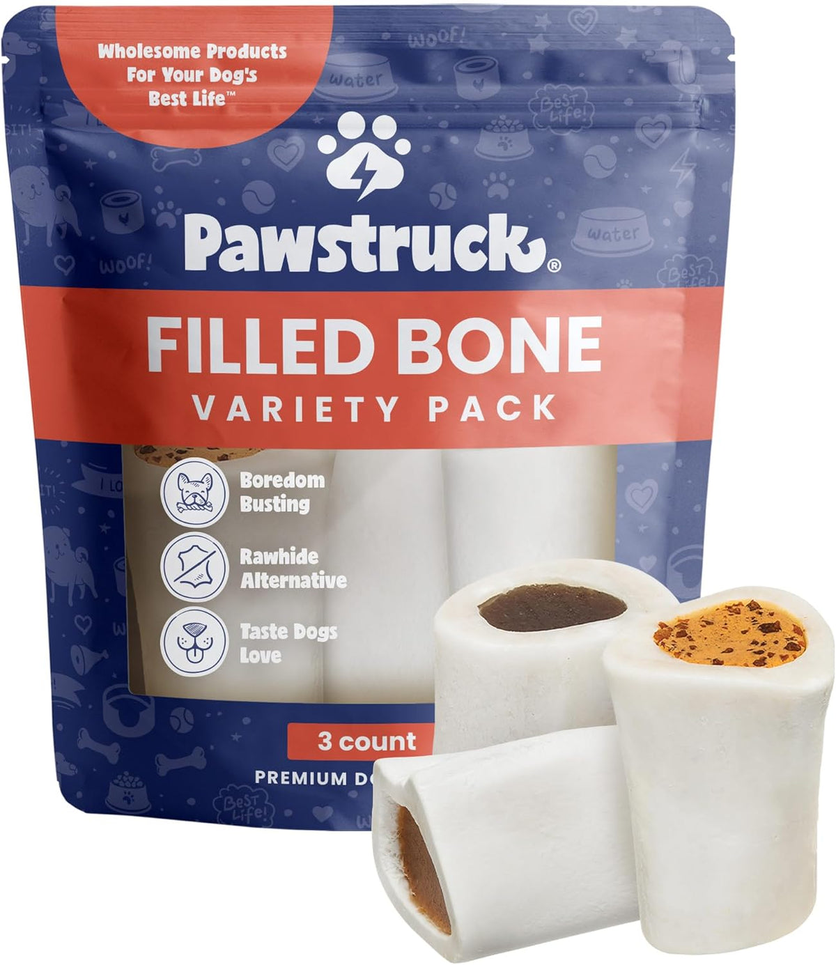 Pawstruck Large 5-6" Filled Dog Bones Variety Pack - Peanut Butter, Cheese & Bacon, Beef Flavors - Made in USA, Long Lasting Stuffed Femur Treat for Aggressive Chewers - Pack of 3, Packaging May Vary - Image 13