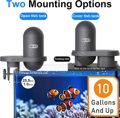 High-definition aquarium feeder showing the 230 milliliter moisture proof storage hopper.