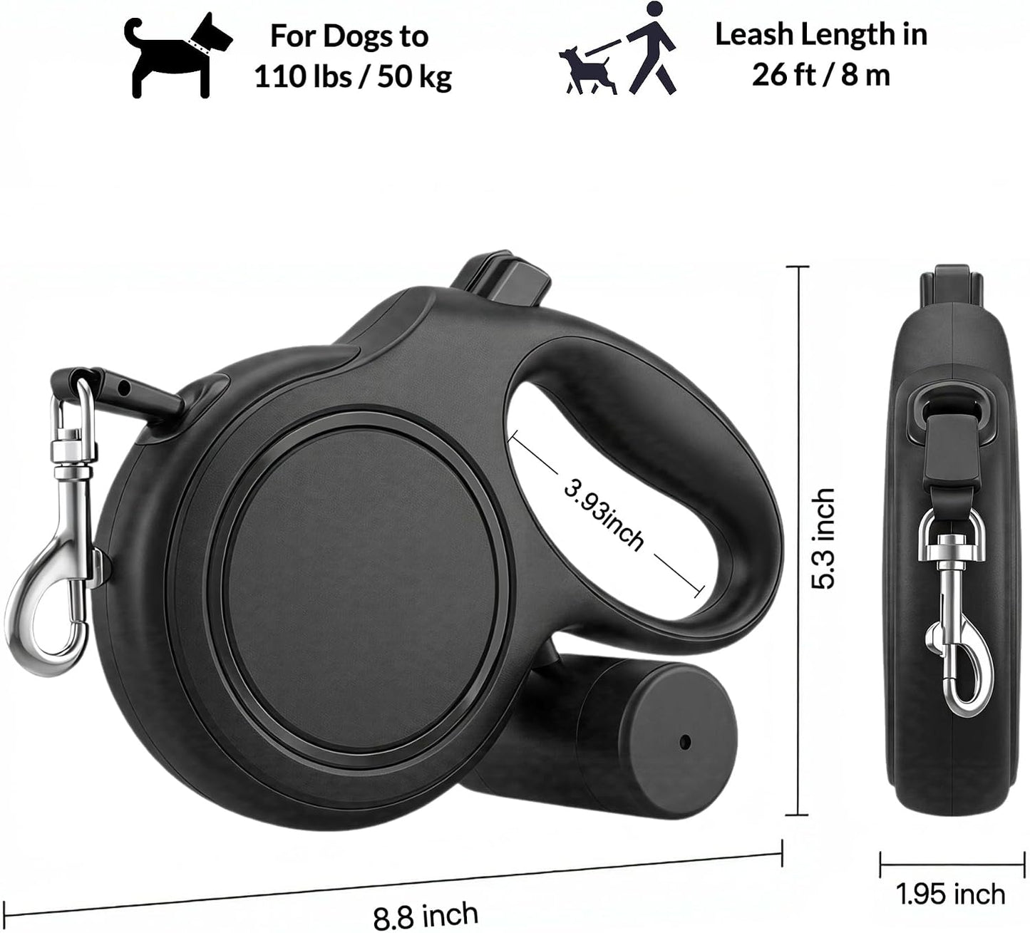 Large dog leash with integrated waste bag dispenser