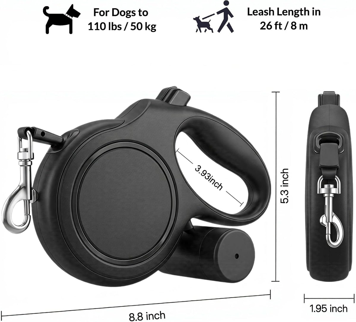 Large dog leash with integrated waste bag dispenser