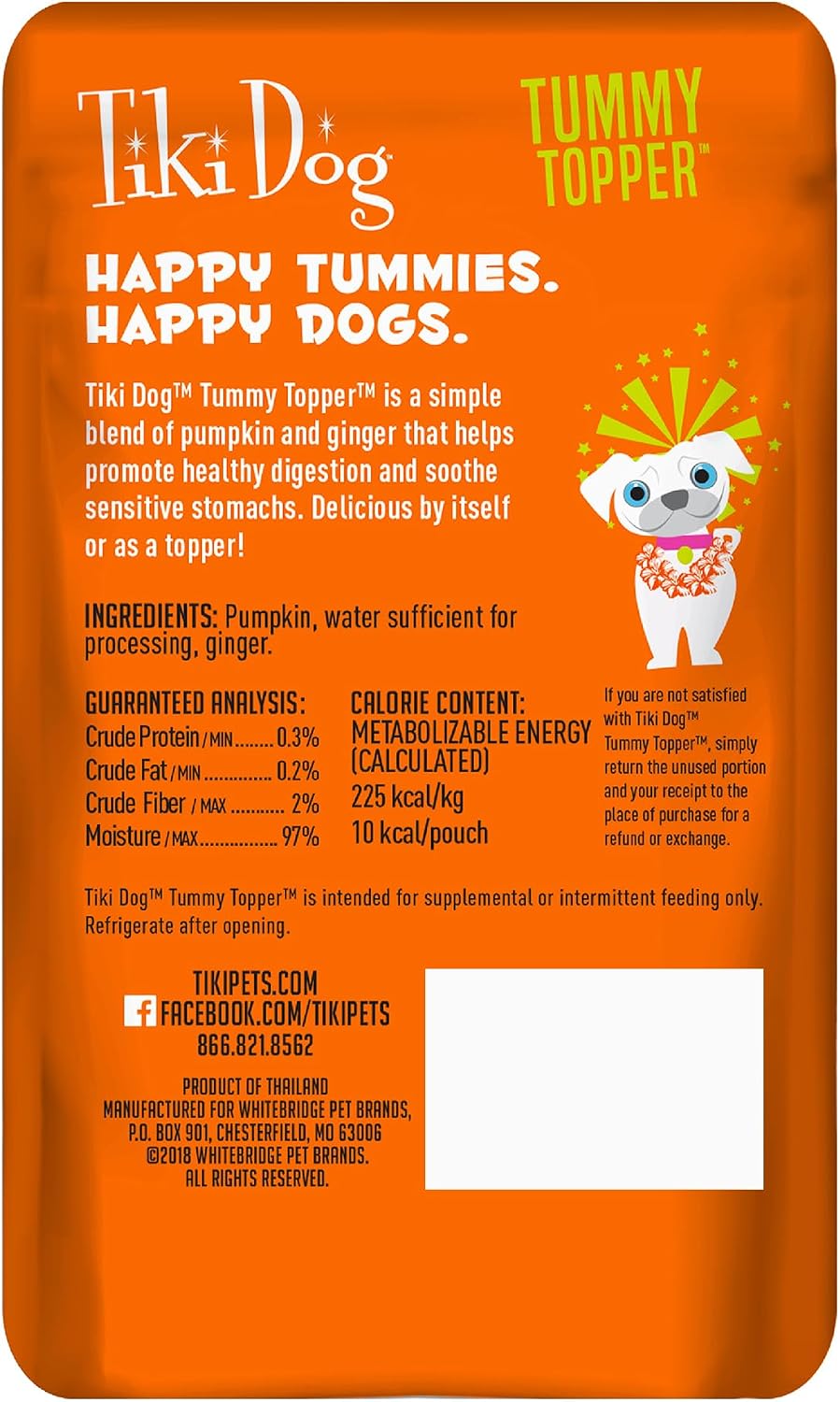 Tiki Pets dog food meal topper single serve pouch back label ingredients