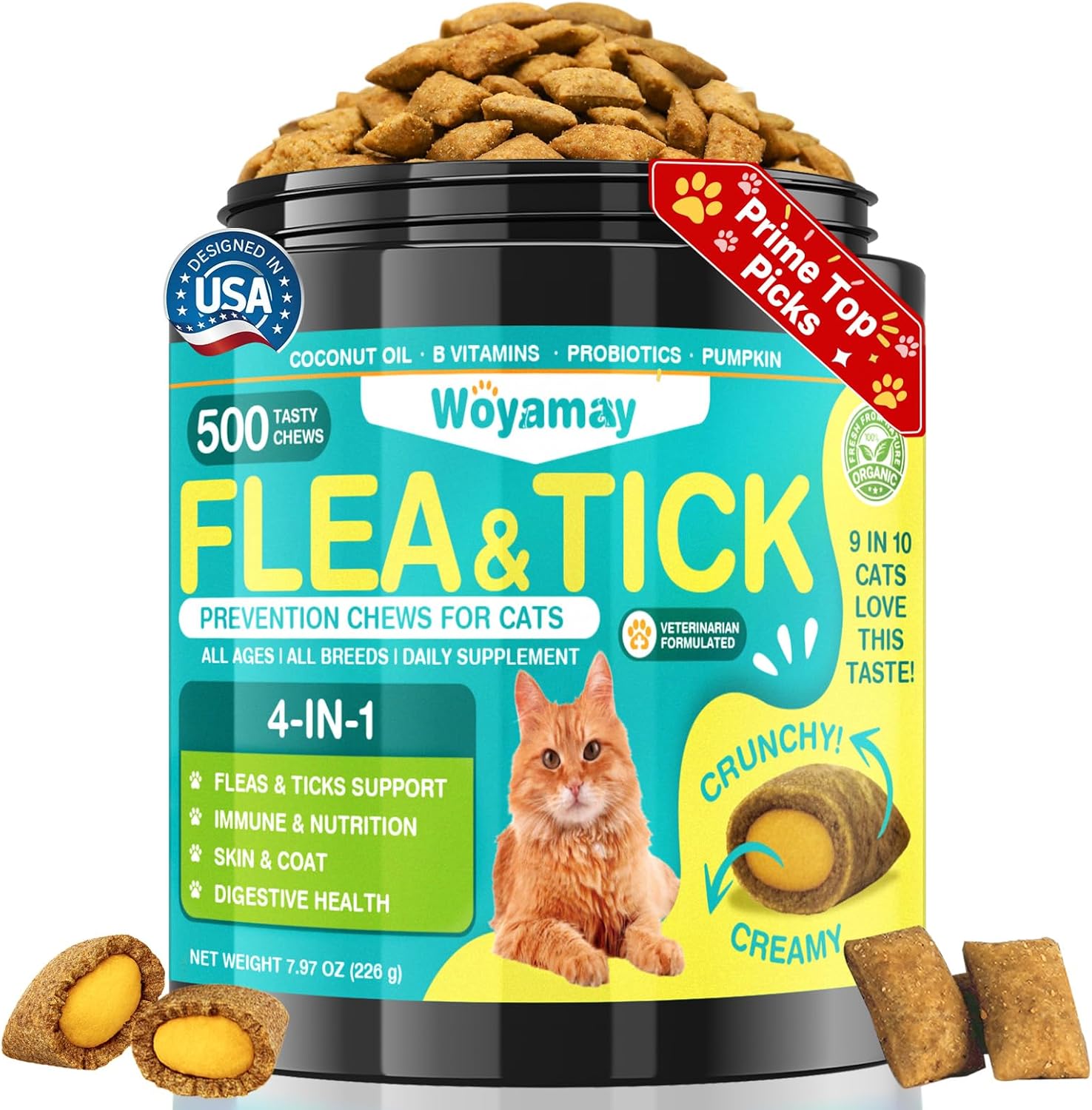 Woyamay 4-In-1 Flea and Tick Prevention for Cats front view jar of daily oral treats.