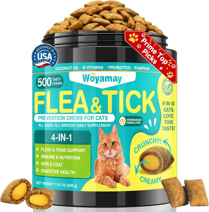Woyamay 4-In-1 Flea and Tick Prevention for Cats front view jar of daily oral treats.