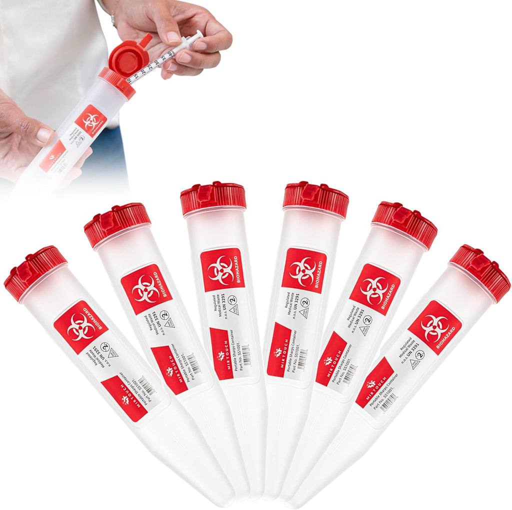 MirTouch Sharps Shuttle front view of six portable needle disposal containers.