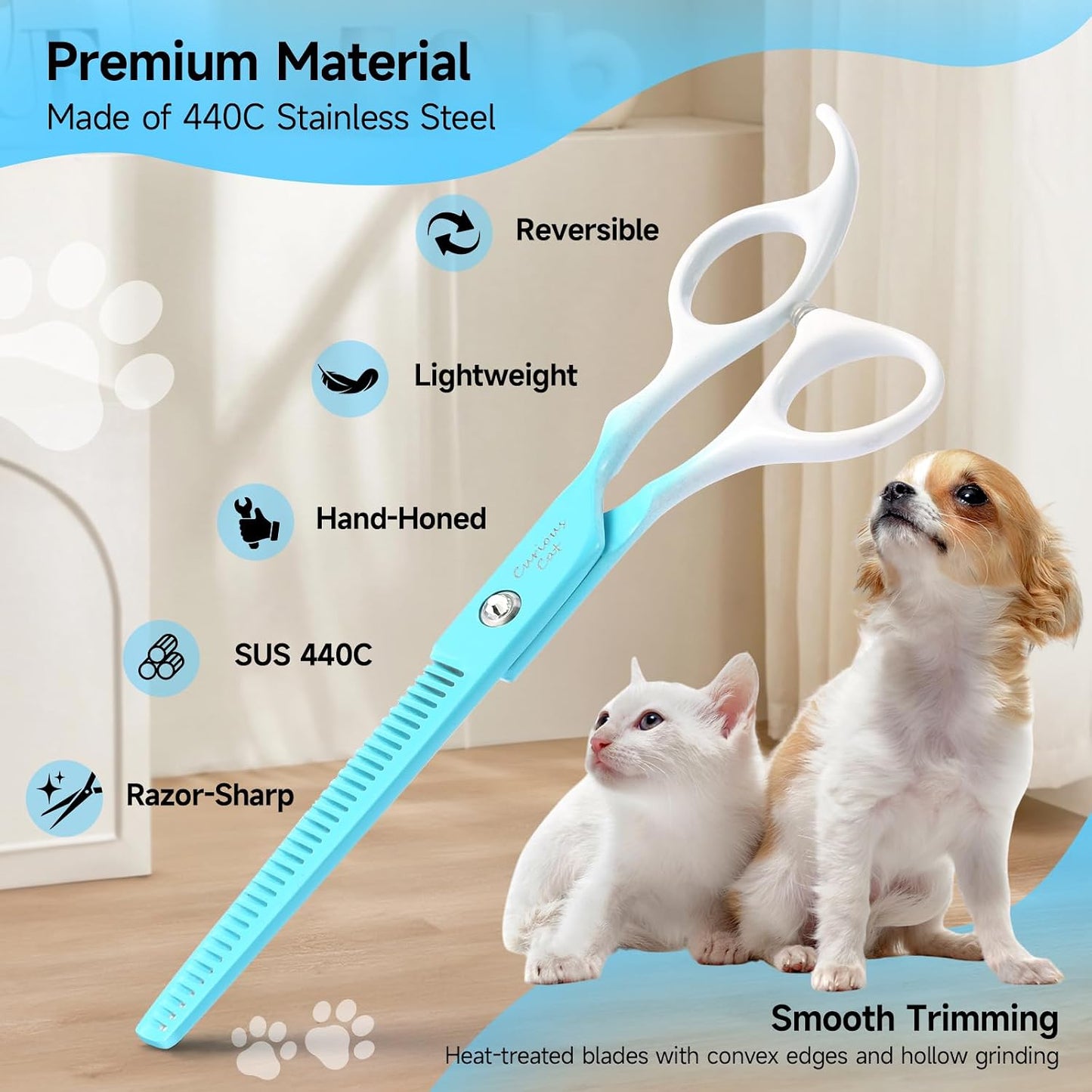 Professional pet groomer using Petfun thinning scissors on a long haired dog.