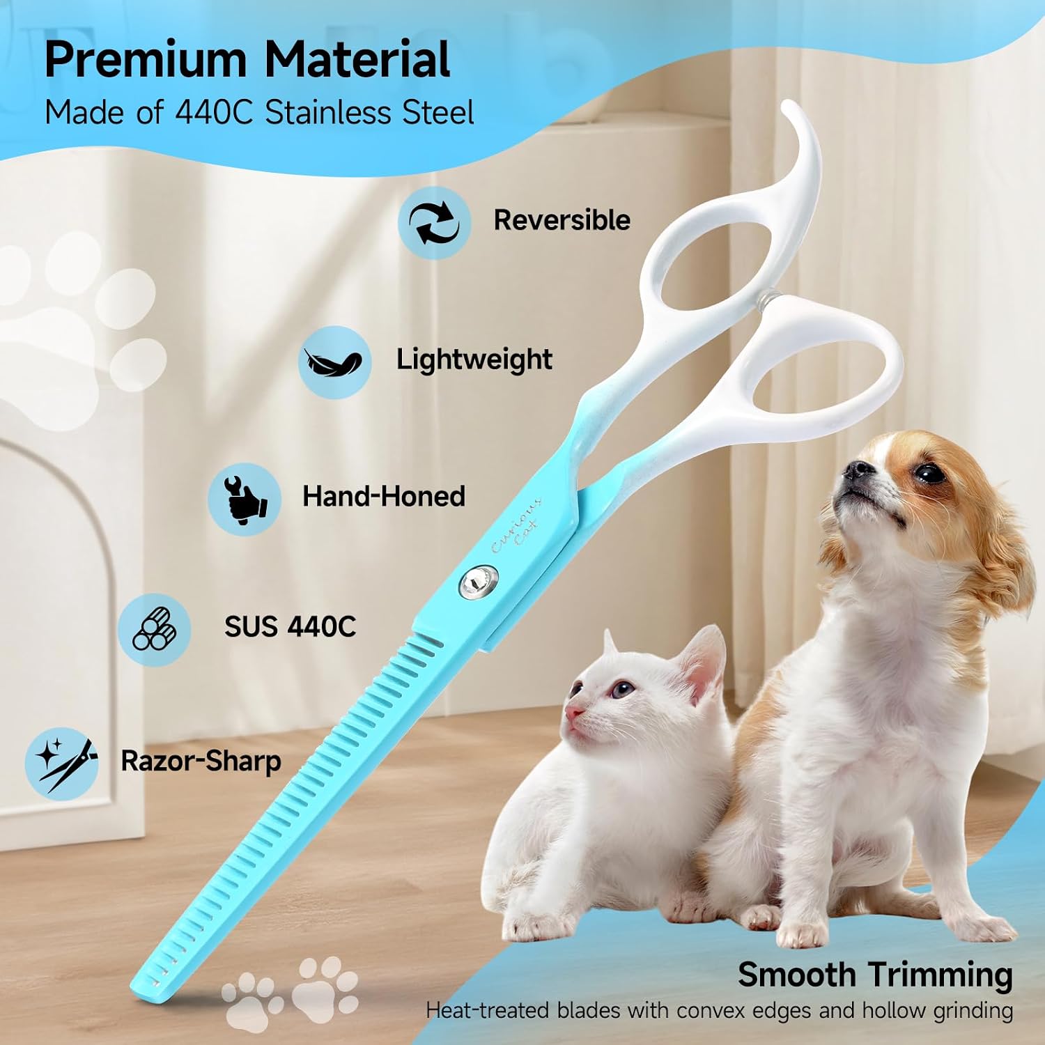 Professional pet groomer using Petfun thinning scissors on a long haired dog.
