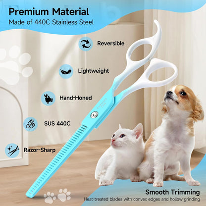 Professional pet groomer using Petfun thinning scissors on a long haired dog.