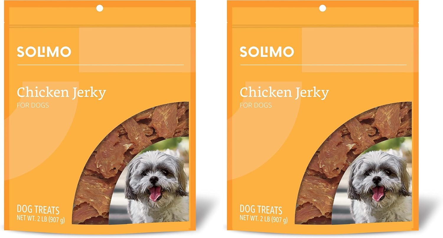 Dog eating premium Solimo duck jerky treat