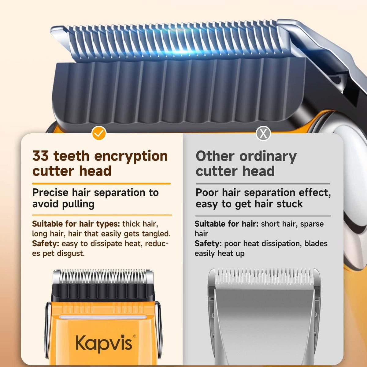 Close up of the Kapvis thirty three tooth precision steel blade with rounded R-shaped safety teeth.