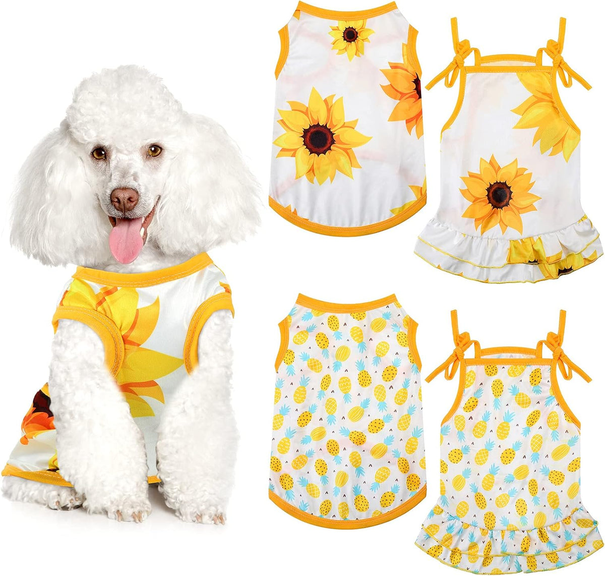 Frienda 4 pieces dog clothes set front view showcasing the vibrant sunflower dress on a puppy.