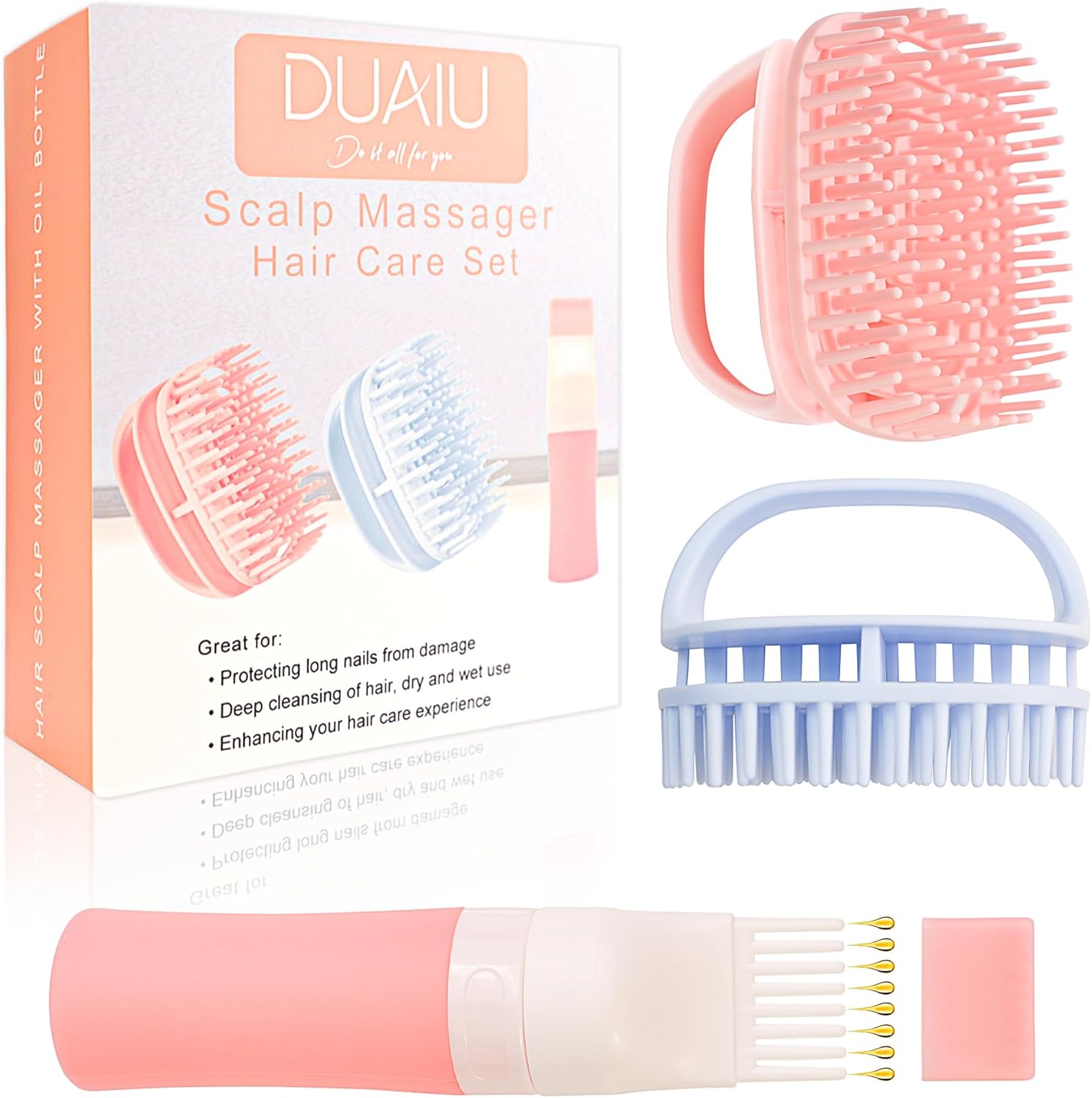 DUAIU Hair Oil Applicator set containing one pink root comb bottle and two pink silicone scalp massagers showcased on a clean background.