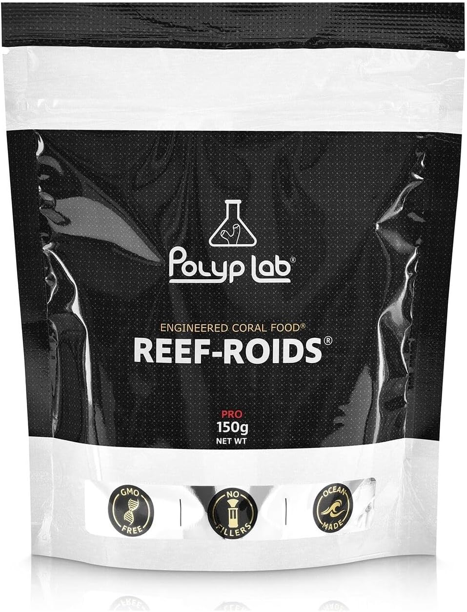 Polyp Lab Professional Reef Roids 150 Grams pouch front view showing engineered coral food packaging.