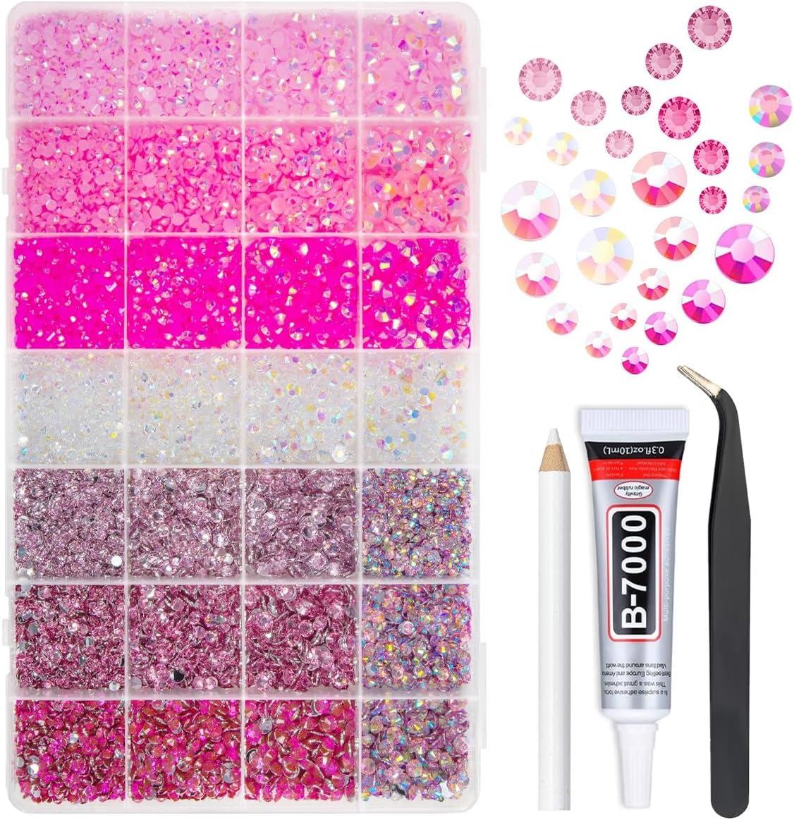 Qiipii 28 Types Pink Jelly Resin Rhinestones kit with organized grids