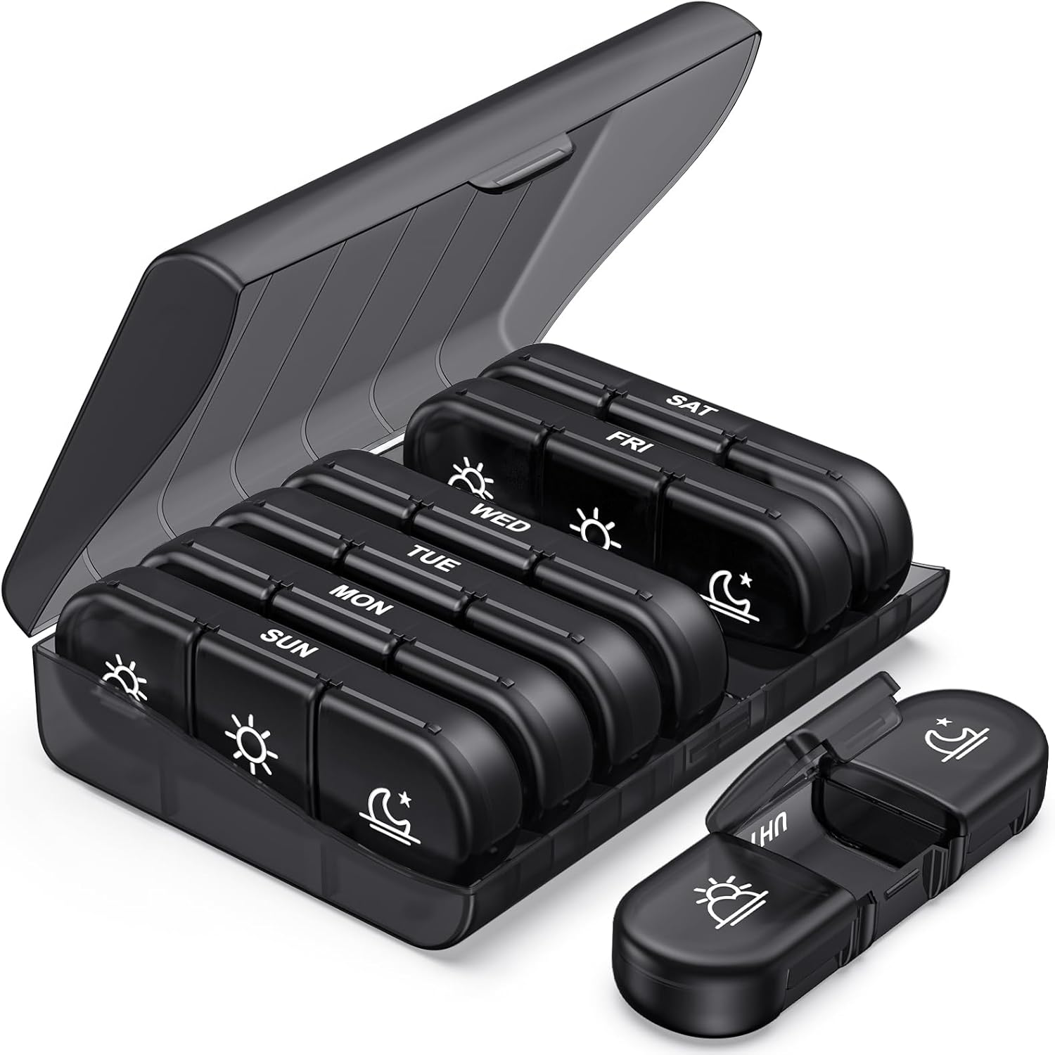 PULIV weekly pill organizer front view showcasing the secure black outer travel case.