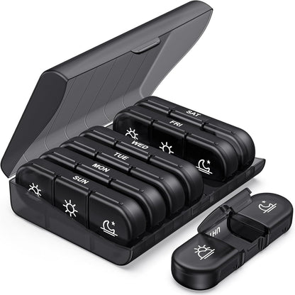 PULIV weekly pill organizer front view showcasing the secure black outer travel case.