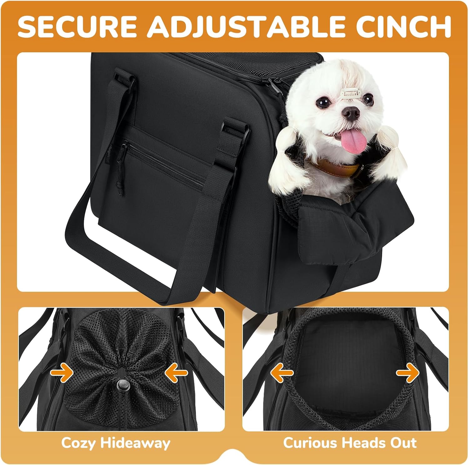 Small dog sitting comfortably inside BurgeonNest purse