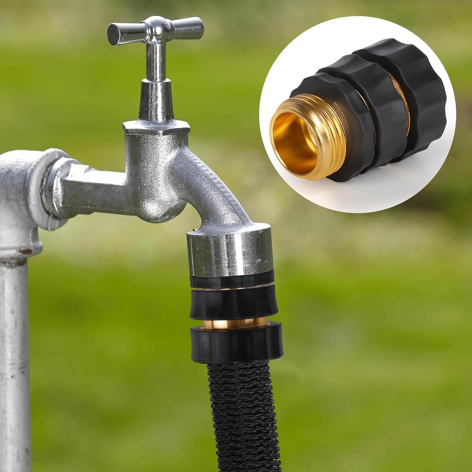 Heavy duty rust resistant garden hose quick connect kit designed for outdoor irrigation systems.