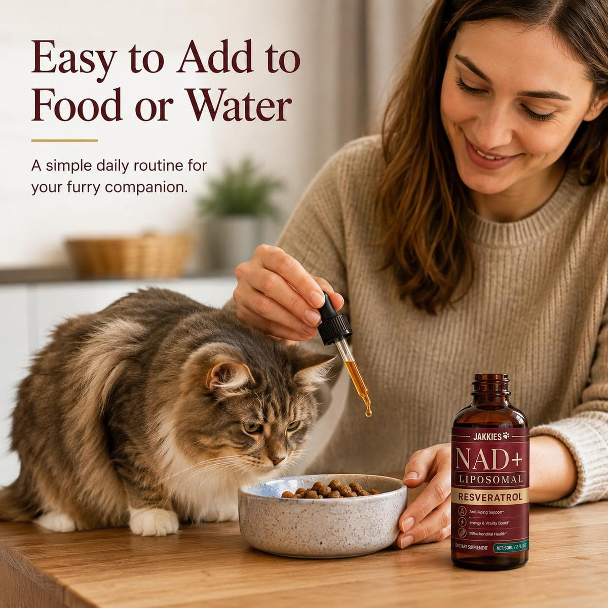 Back panel of Jakkies anti aging pet supplement showing usage instructions for adult cats