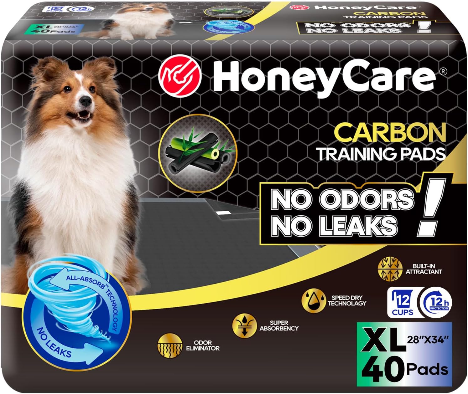 100 count box of Honey Care All Absorb pet pads for indoor housebreaking