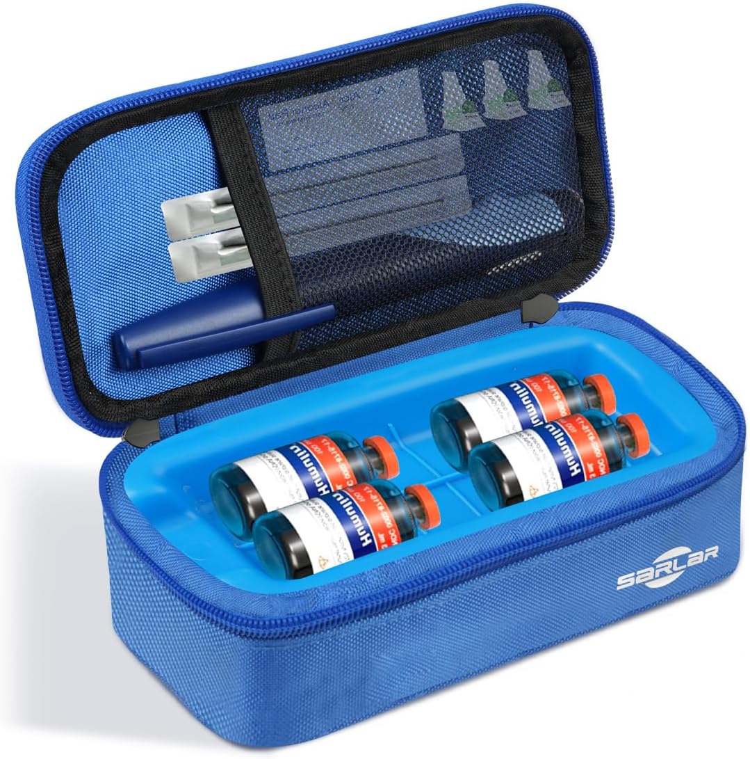 Sarlar insulin vial cooler travel case blue front view for diabetic supply storage.