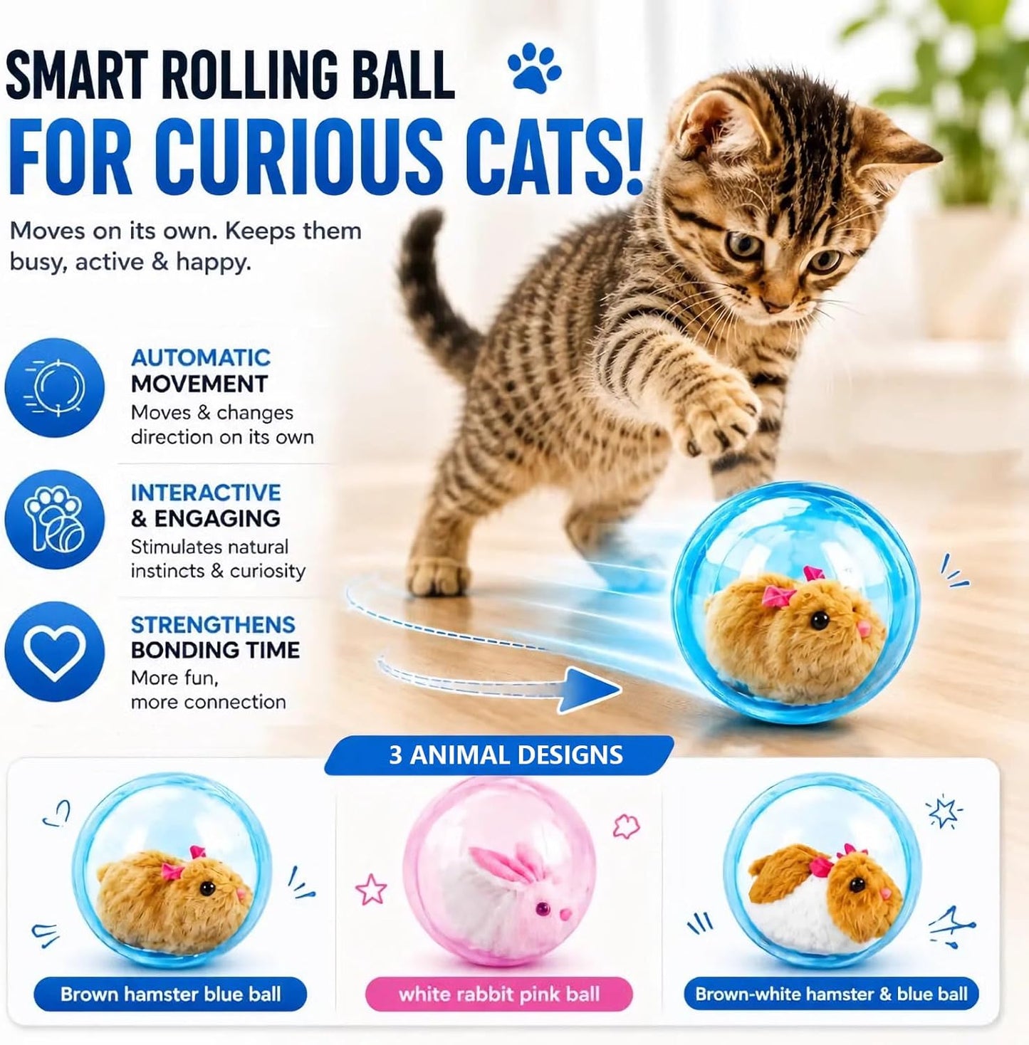 Side view of Sidmund cat ball with realistic plush mouse inside