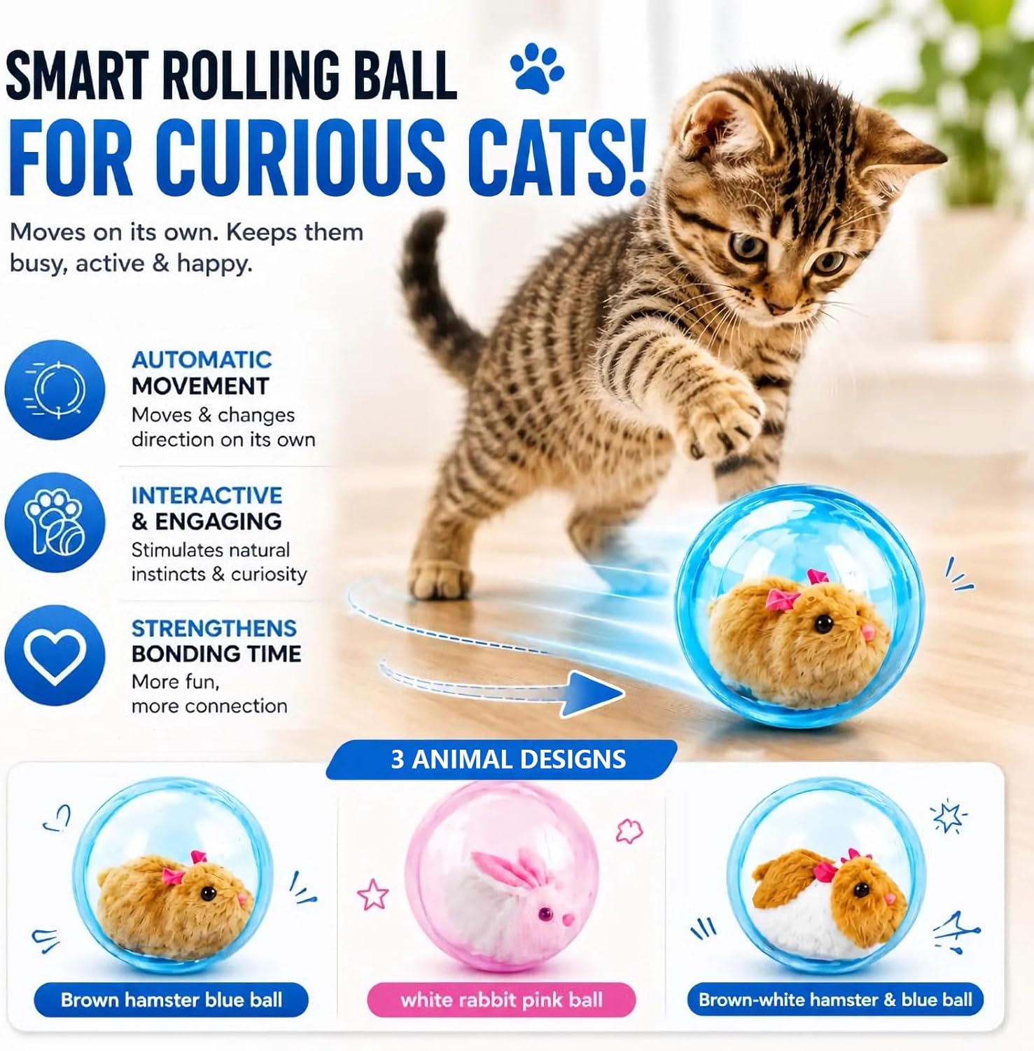 Side view of Sidmund cat ball with realistic plush mouse inside