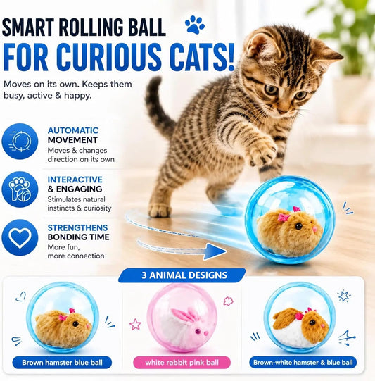 Side view of Sidmund cat ball with realistic plush mouse inside
