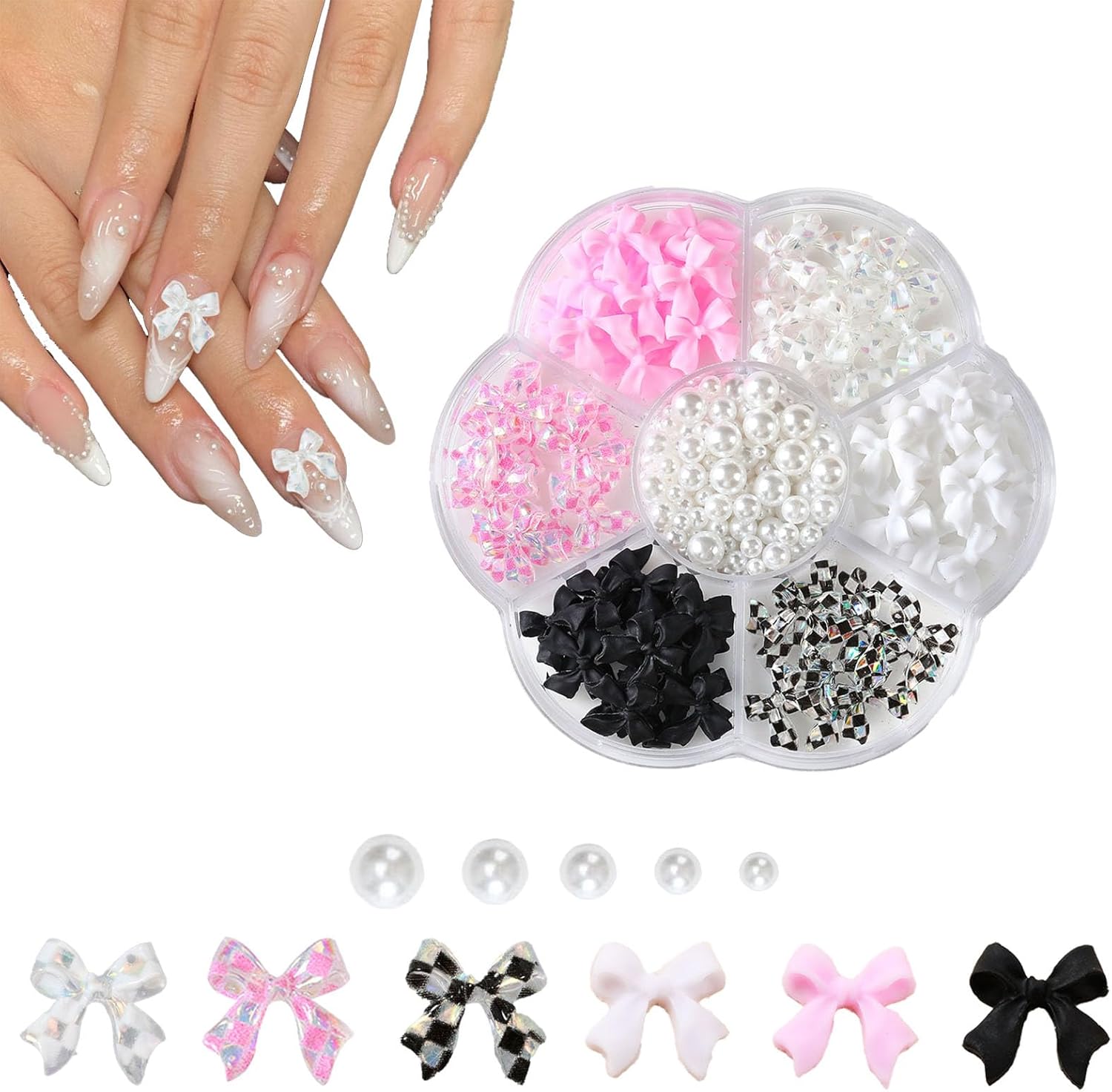Rodaky 300 piece bow nail charm and pearl set front view