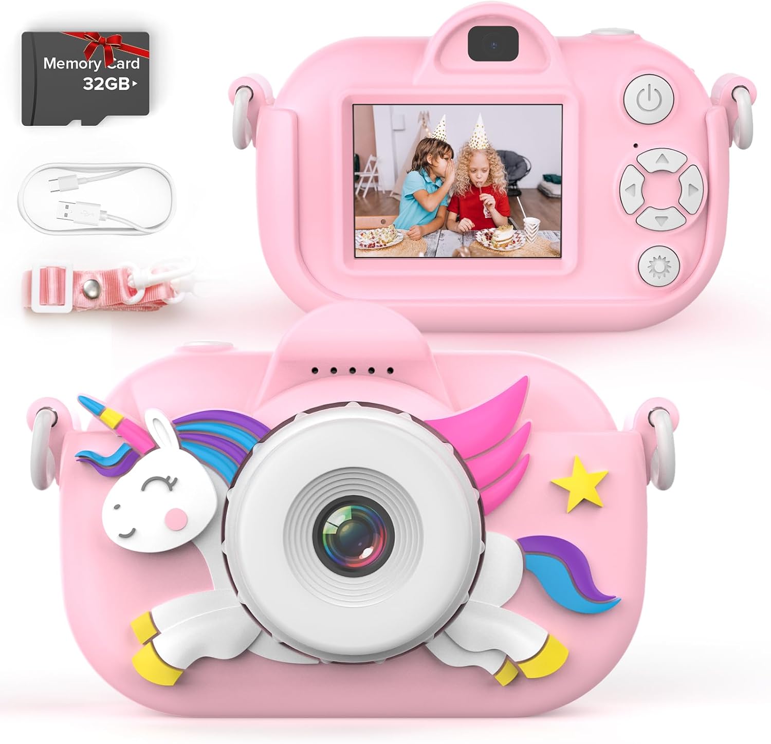 Xoieod kids camera for girls front view showing pink silicone unicorn protective case