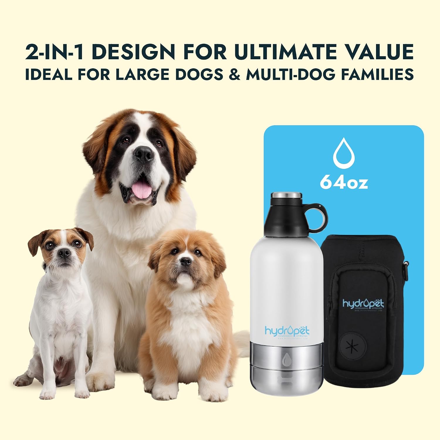 Side angle of Pet Vet Products HydroPet white insulated pet bottle highlighting the zippered storage pocket on the sleeve.