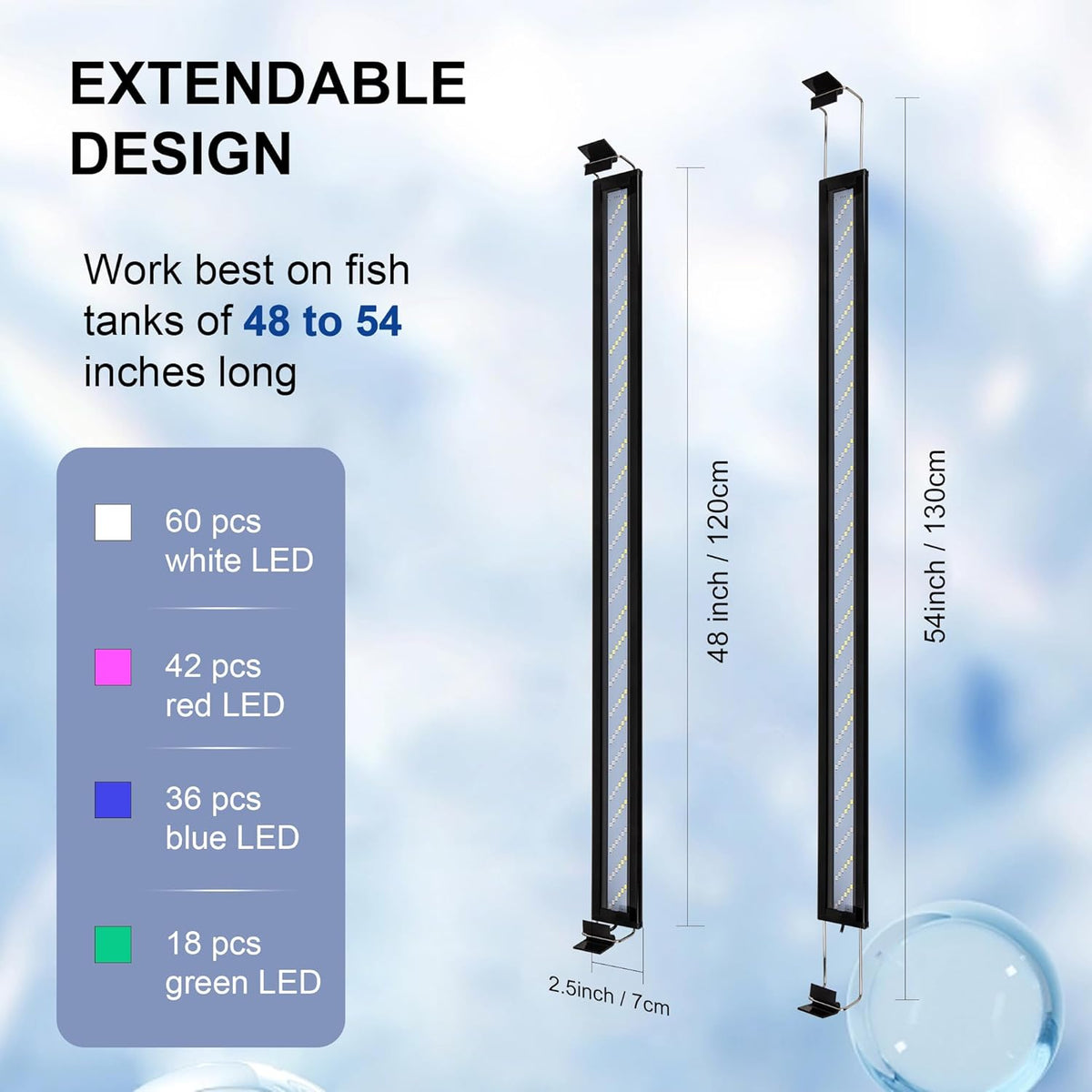 IRQWY fish tank light bar with adjustable brackets extending from 48 to 54 inches.