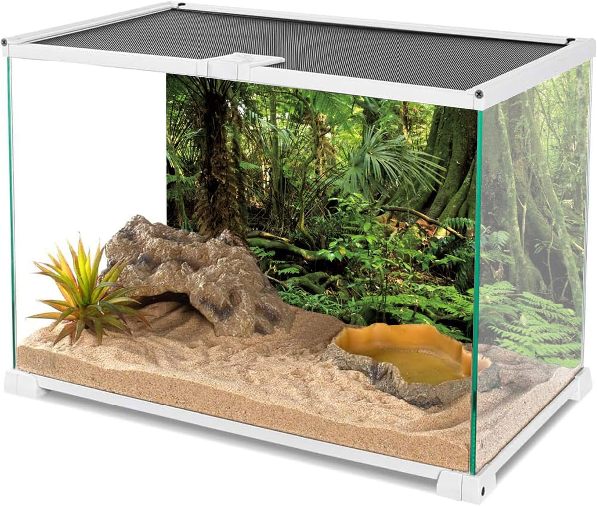 Close up view of the green tree and stone habitat design on polyester fabric.