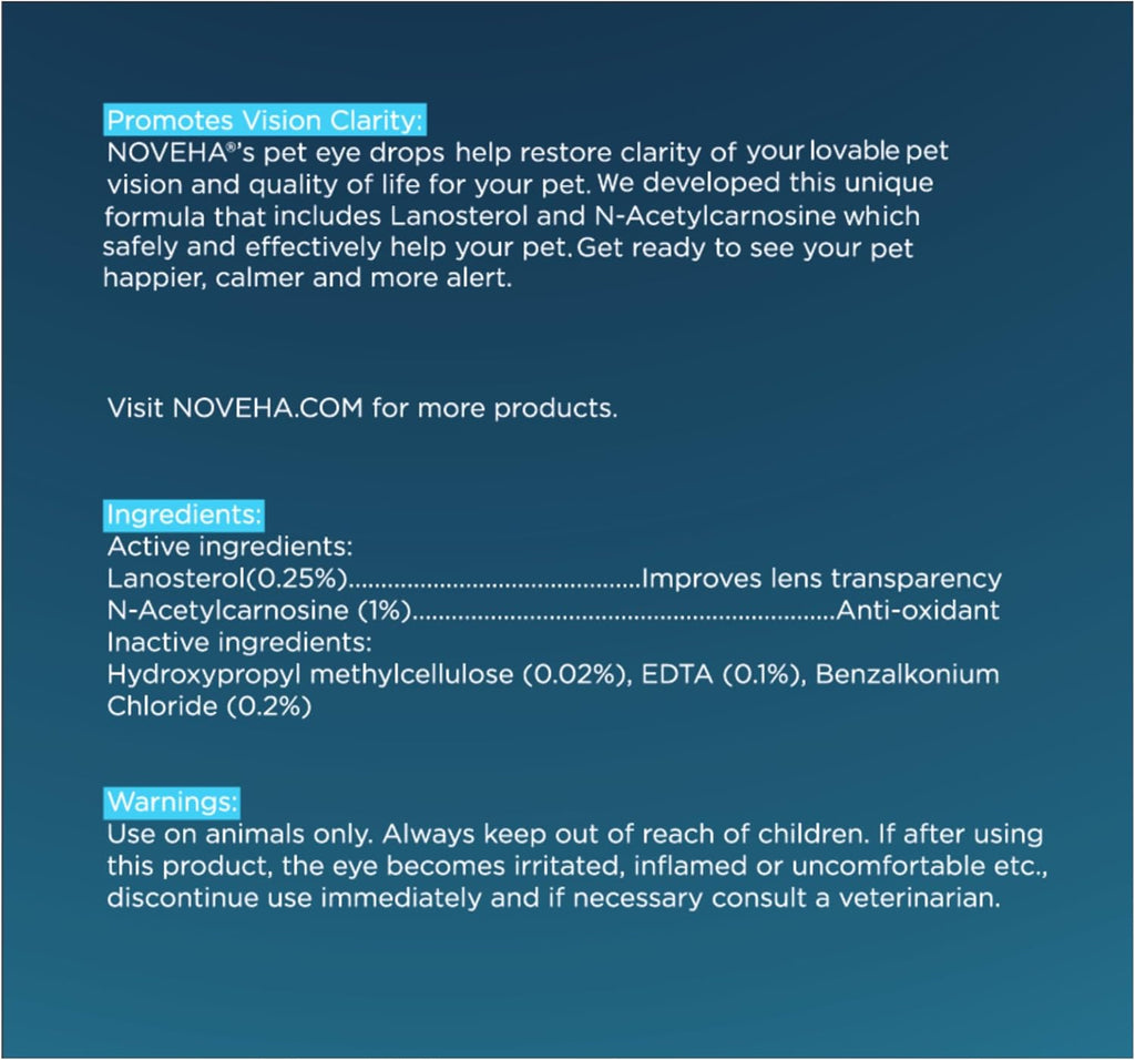 Two vials of NOVEHA pet eye drops 10 milliliters package showing ingredients