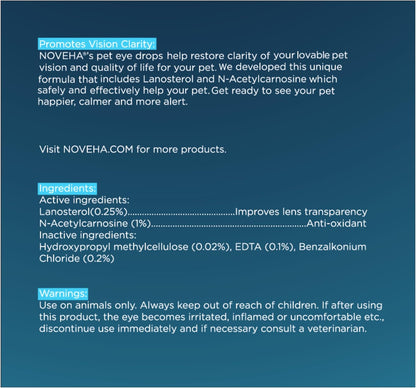 Two vials of NOVEHA pet eye drops 10 milliliters package showing ingredients