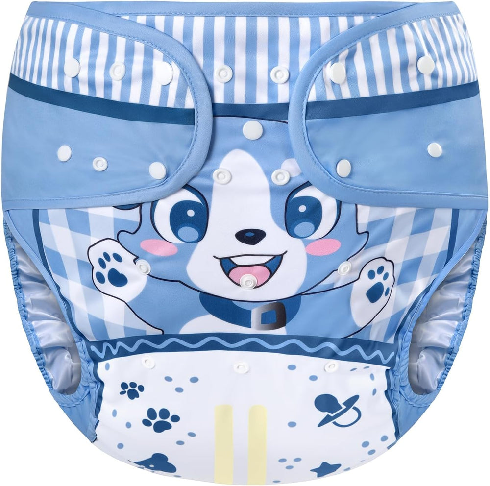LittleForBig adult diaper wrap cover blue puppy pattern front view