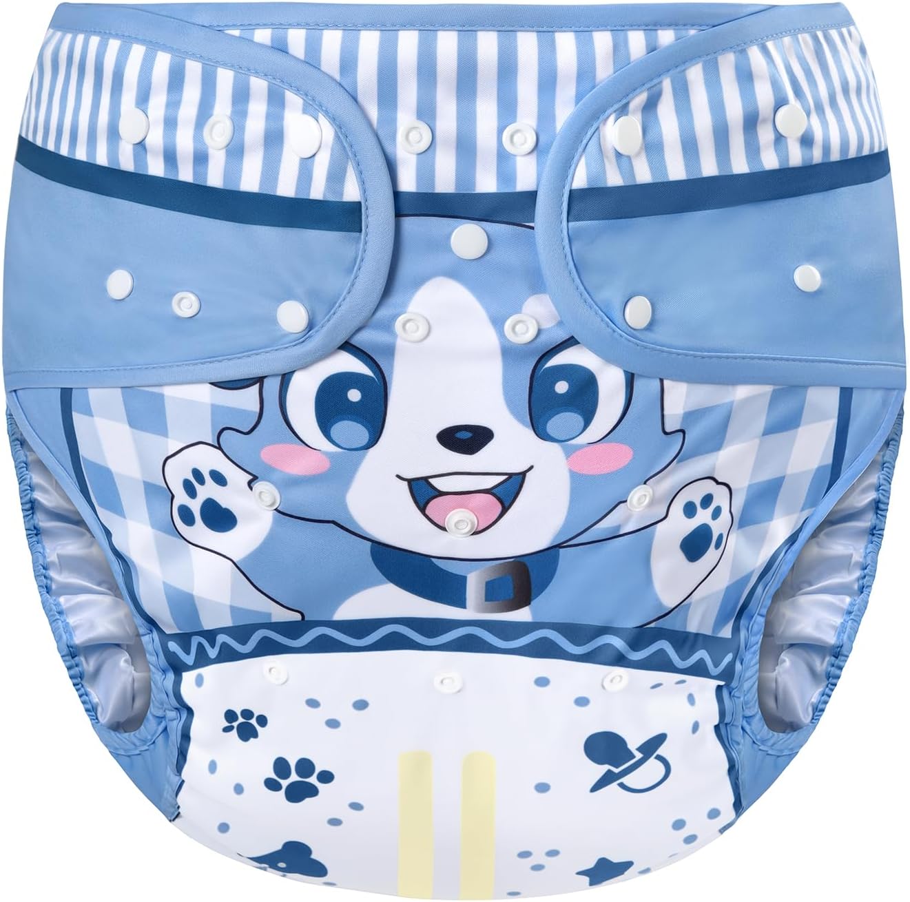 LittleForBig adult diaper wrap cover blue puppy pattern front view