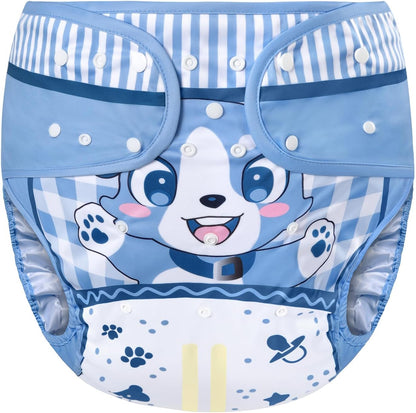 LittleForBig adult diaper wrap cover blue puppy pattern front view