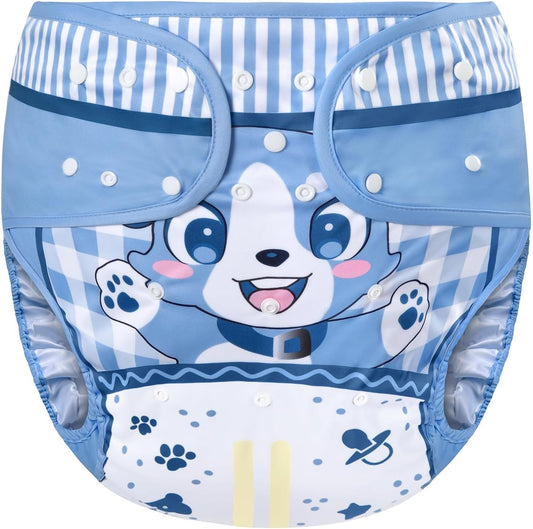 LittleForBig adult diaper wrap cover blue puppy pattern front view