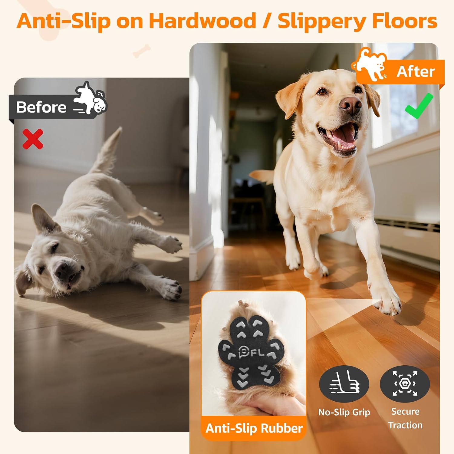 Senior dog wearing black paw traction pads on hardwood floor