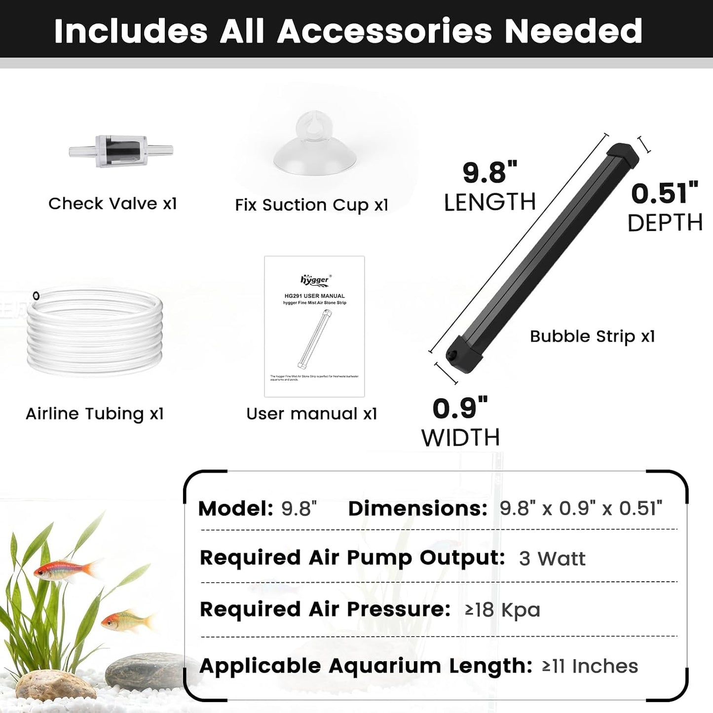 Hygger aquarium silent stream bubble strip resting stable on tank bottom substrate