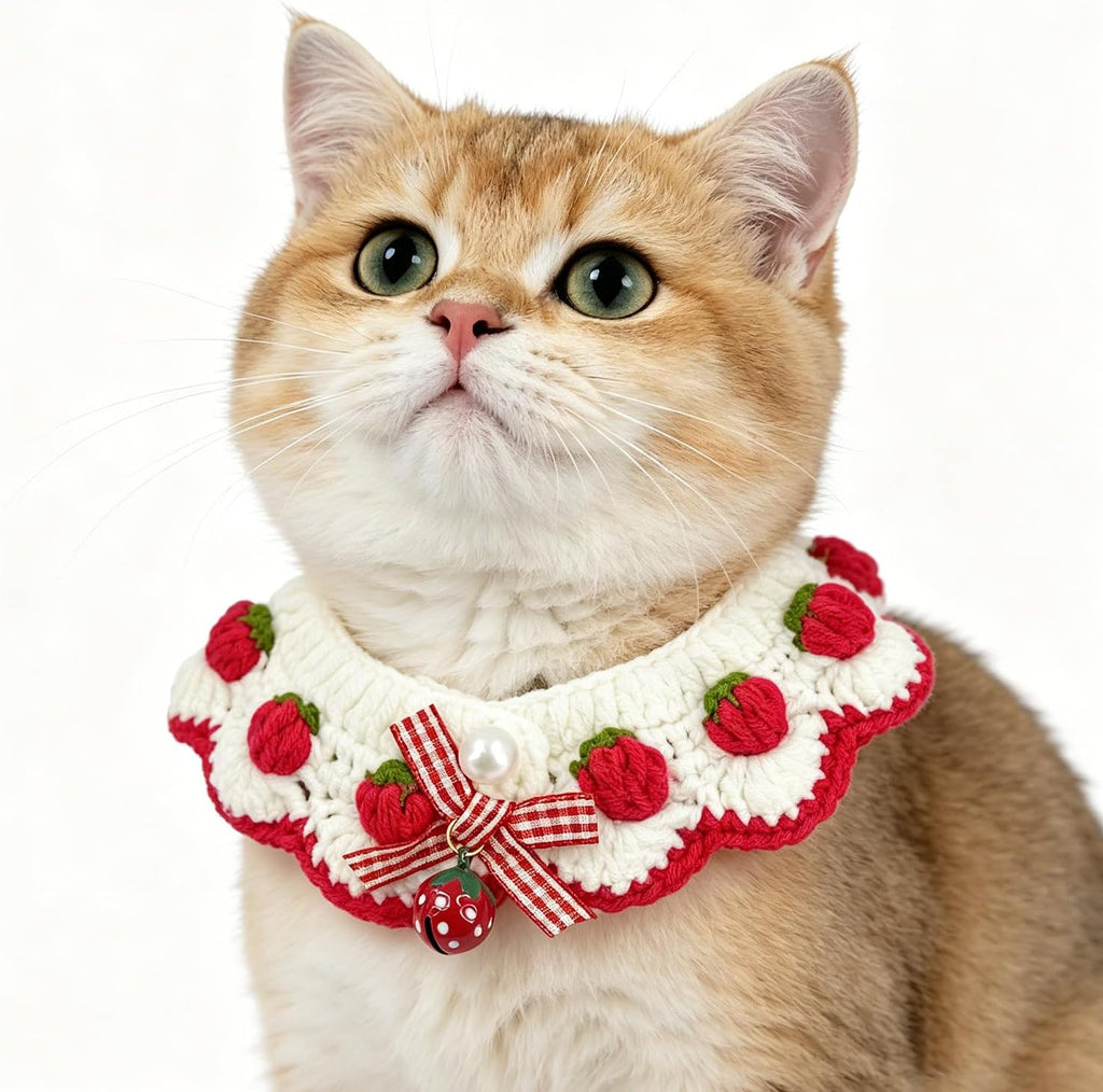 Artisan knit cat bandana collar showing the detailed gingham bow tie and pearl accents