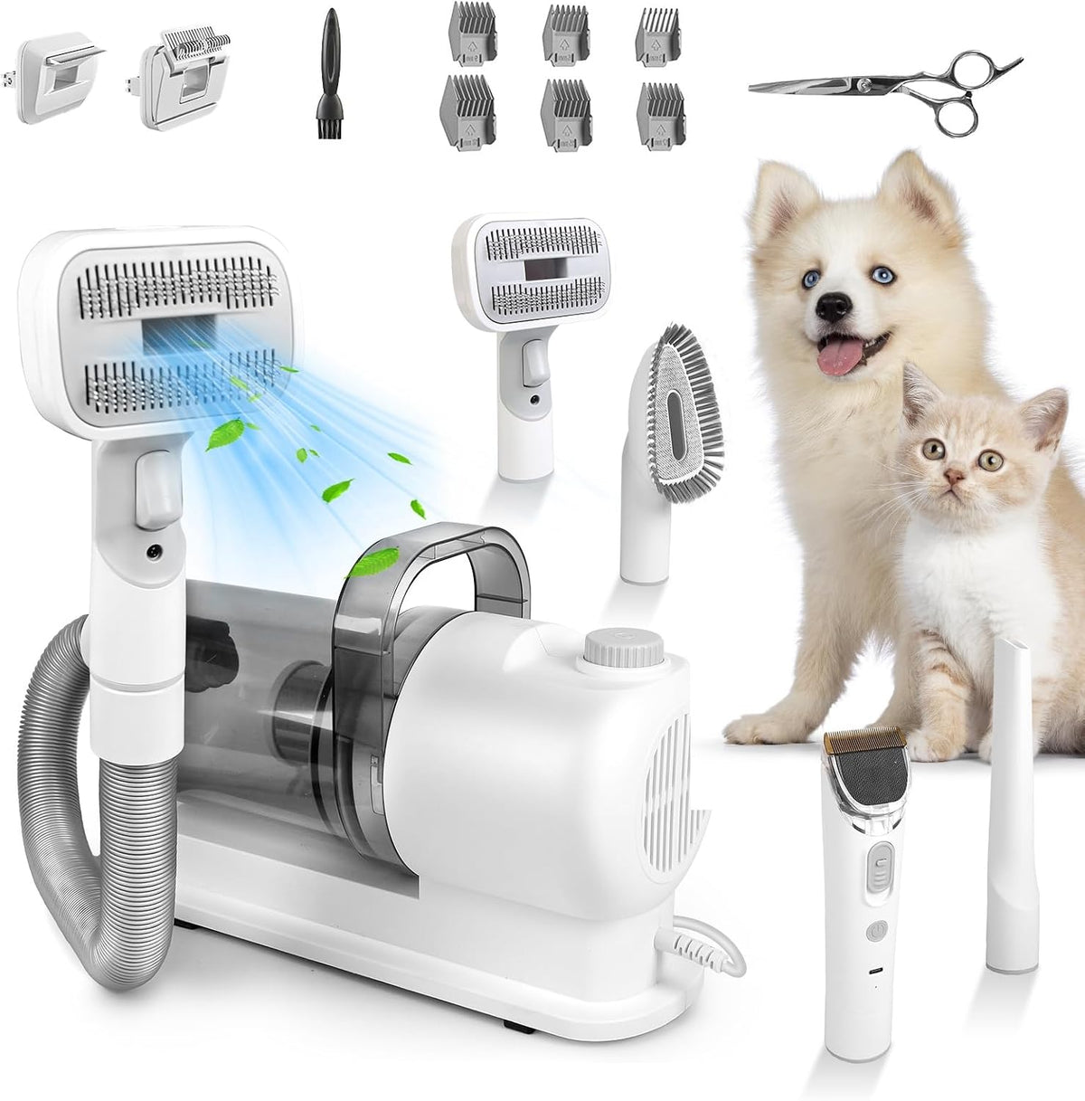 Moclever 7-in-1 pet grooming vacuum kit front view showing the main unit and dust cup.