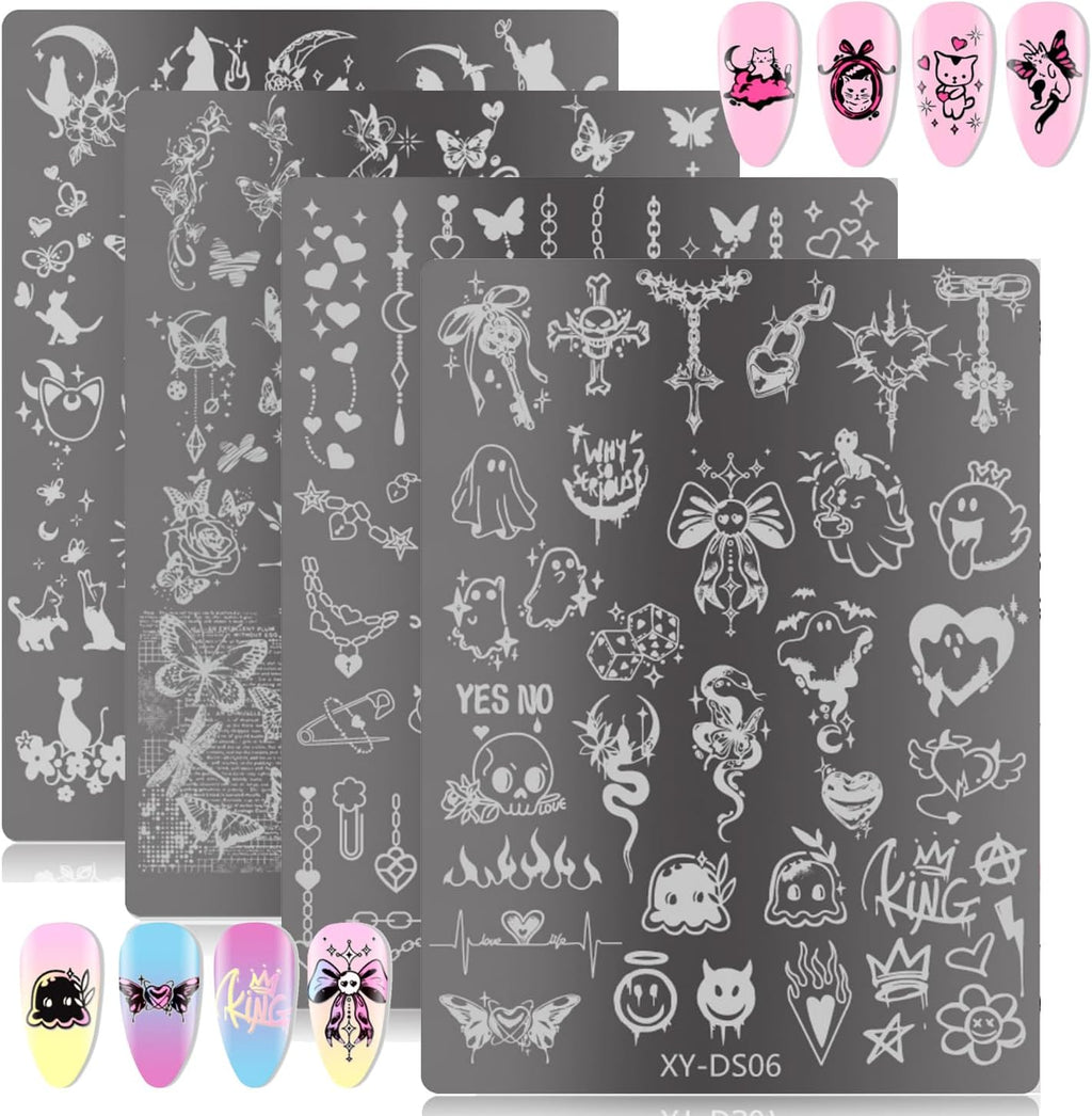 Grospe 4Pcs Gothic Cute Nail Stamping Plate Set front view displaying four stainless steel templates with dark kawaii designs