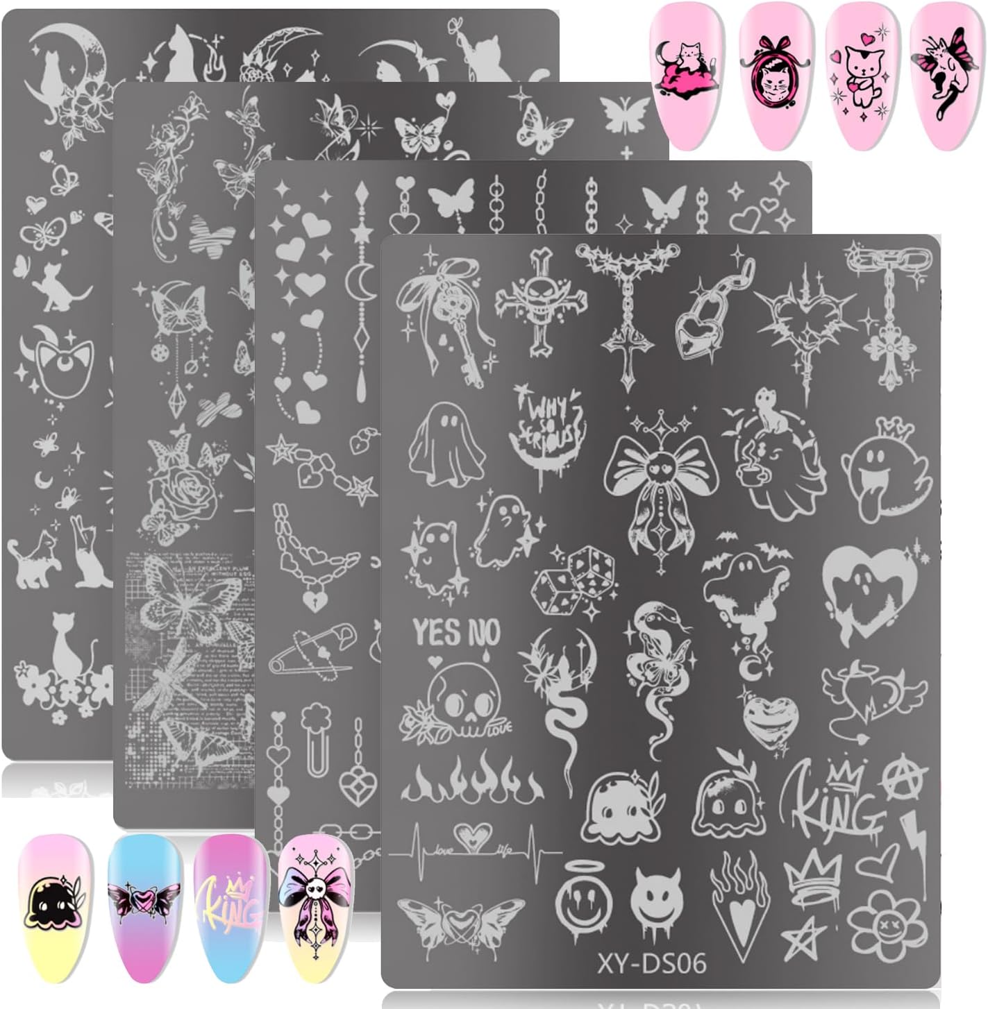 Grospe 4Pcs Gothic Cute Nail Stamping Plate Set front view displaying four stainless steel templates with dark kawaii designs
